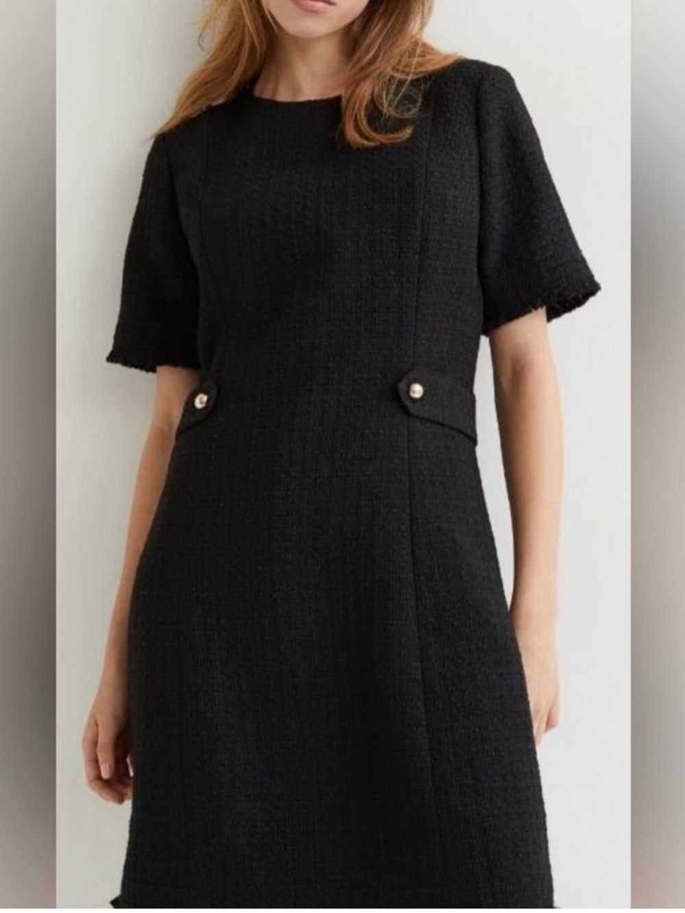 H&M Black Tweed Midi Dress with Pearl-Button Waist Tabs